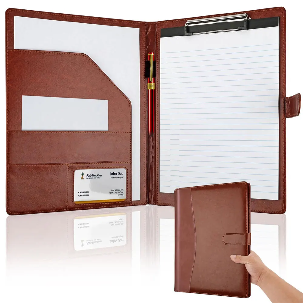 Multifunctional Leather Folder with A4 Writing Pad Cover Including 1 Lined Notepad, Can Hold Bank Cards and Other Storage