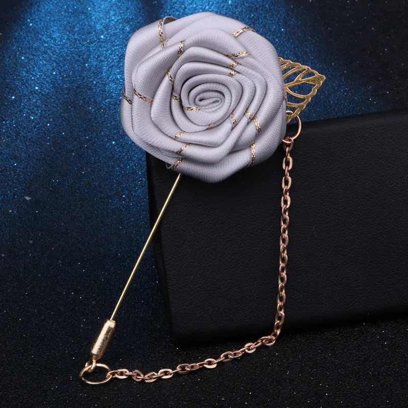 Ceremony Wedding Prom Corsage Flower Polyester Rose Bride Groom Flowers Fake Gold Chain Brooch Pins Artificial Flower Buttonhole image 4