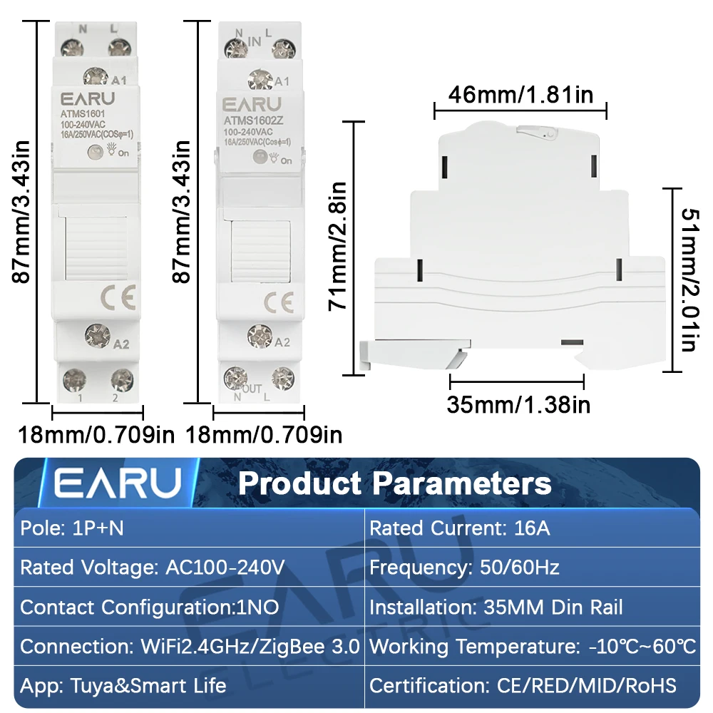 EARU Tuya Smart Life WiFi ZigBee Smart Circuit Breaker Timer Relay Power Energy kWh Voltage Current Meter Remote Control Switch