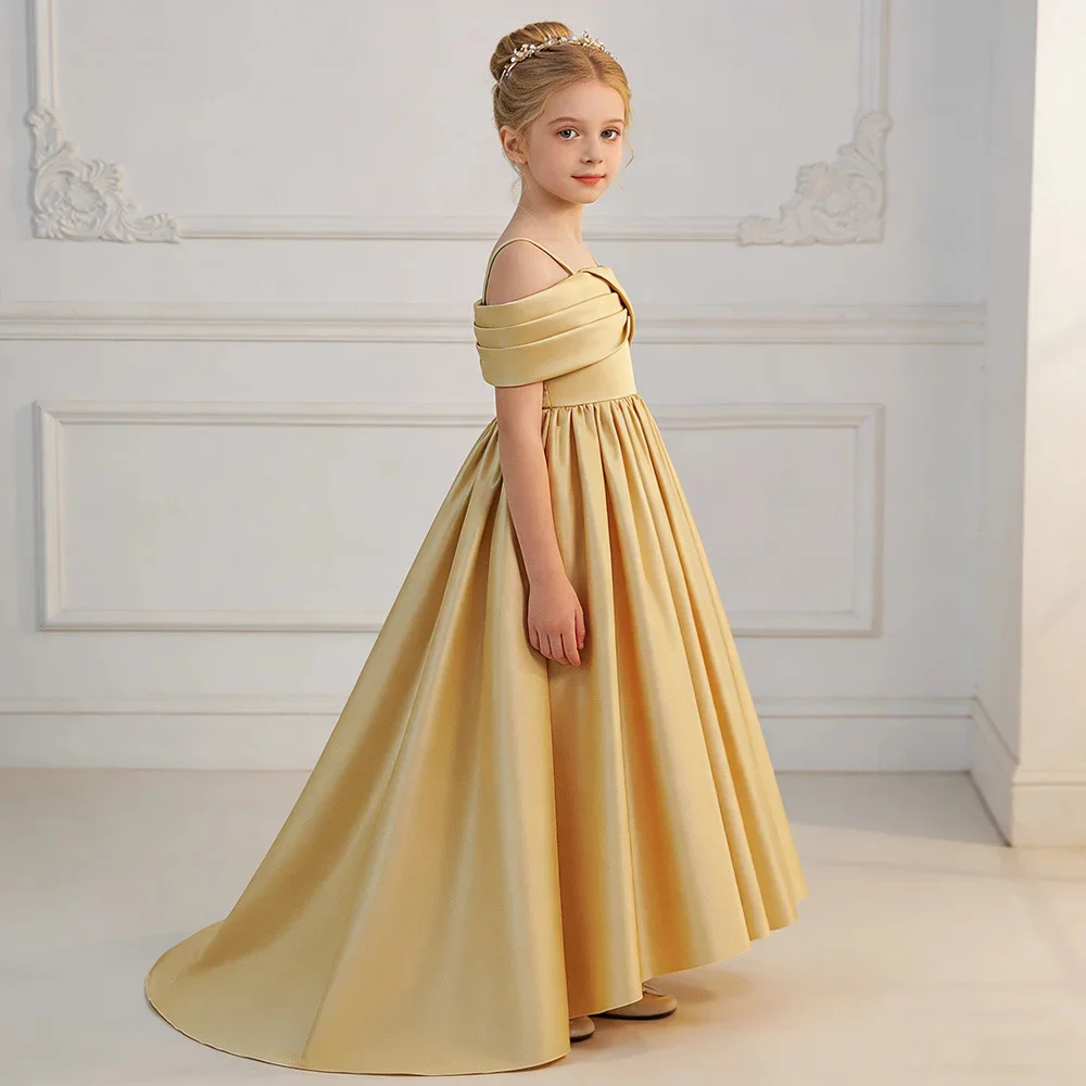 

Elegant Satin Customized Flower Girl Dress For Wedding Suspender Floor Lenght Kids Birthday Party First Communion Gown