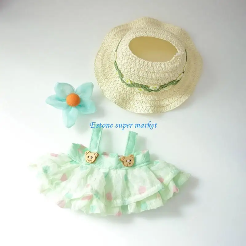 

090B Doll Vacation Dressingup Set For 17Cm Doll with Ruffled Dress Straw Hat for Children Plush Doll Summer Clothes Decors