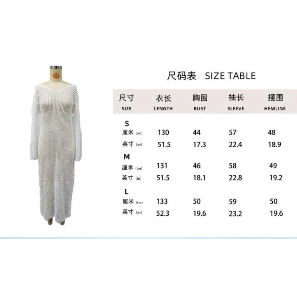 2025Sexy Cover Up Long Sleeve Long Dress Women Backless Beach Wear Bathing Suit Knitting Swimwear Knitted Beach Dress Tunic Robe