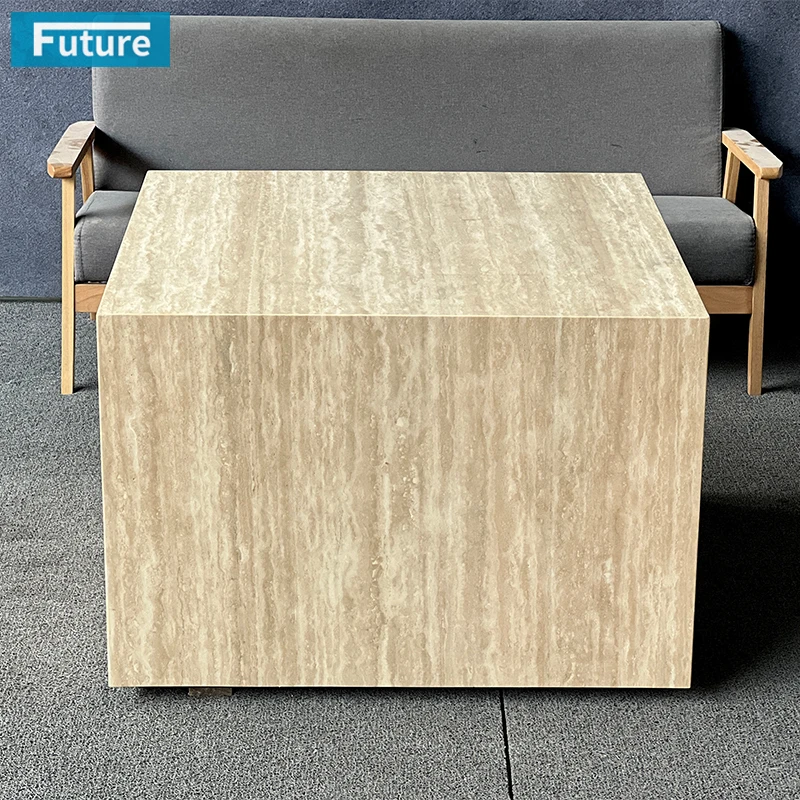 Beige Travertine Marble Coffee Table Center Table with Square Shape Luxury Mable Table for Living Room Coffee Shop Home Decor
