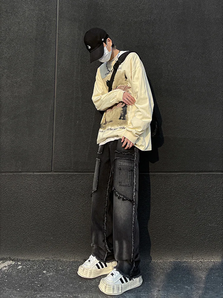 

Джинсы в американском стиле с эффектом тай-дай, облегающие, мужские, в стиле High Street Vibe, слегка расклешенные, прямого кроя, молодежные, модные, весна-осень