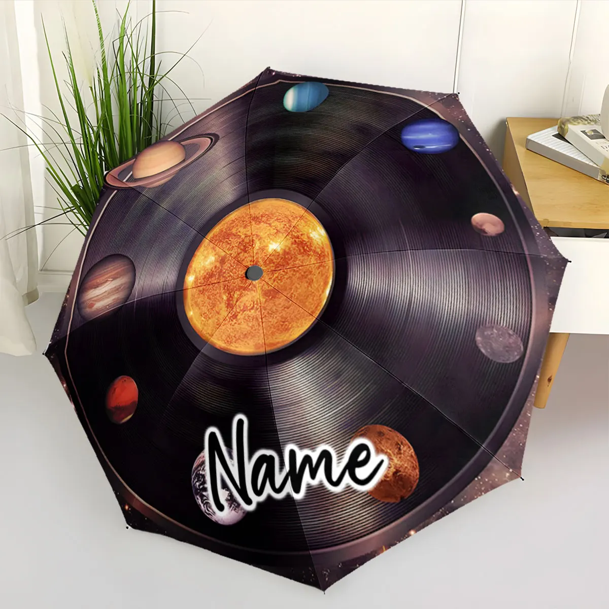 Custom Name Umbrella Vinyl Record Solar System Umbrella Design Print 8 Iron Ribs Folding Umbrella Auto-Open Fashion Sunshade