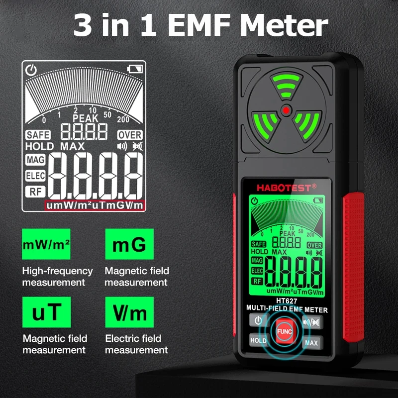 3 in 1 Electromagnetic Radiation Tester Portable Handheld Portable Radio Frequency Field Tester Portable Digital EMF Meter HT627