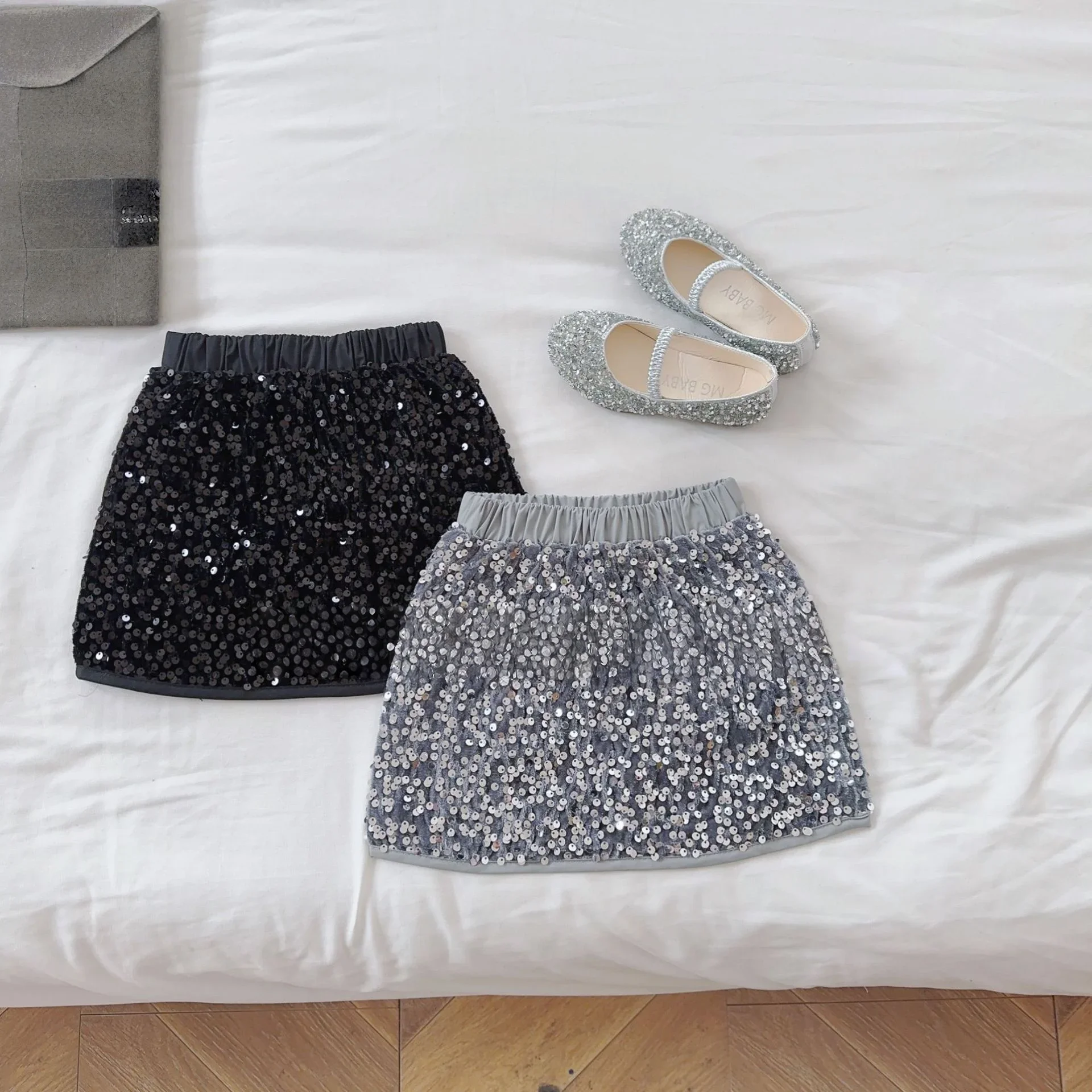 Spring Summer Children Clothes Girls Sequin Skirt Kids Fashion A-line Slim Party Wear Children High-Waisted Sparkle Skirt