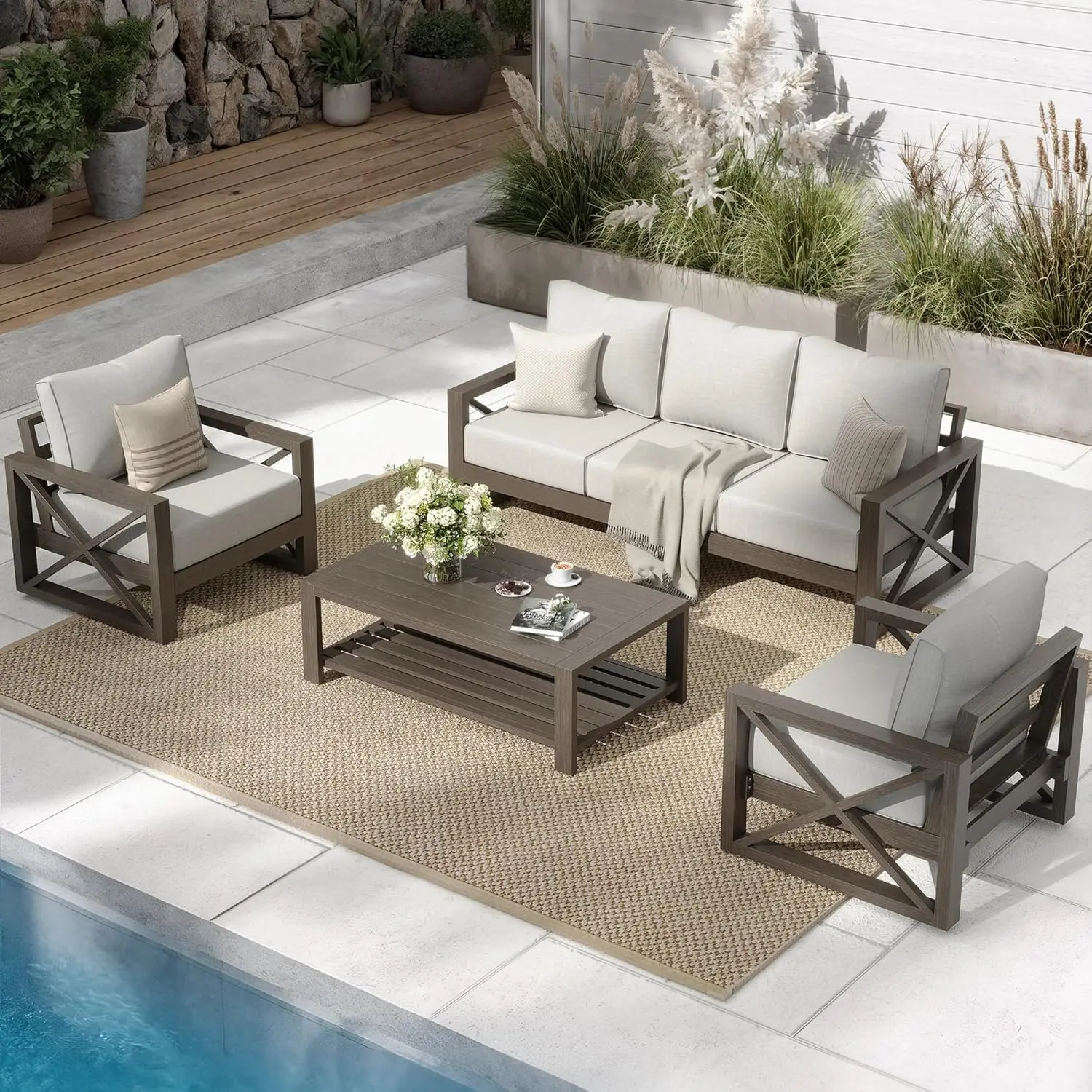 

Алюминиевый комплект мебели для патио, 4-местный набор для улицы с имитацией дерева и кофейным столиком, металлический комплект мебели для патио, на заказ