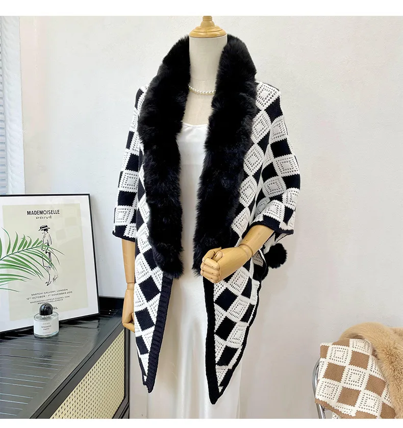 New autumn winter fur ball cape paired with high-end shawl for women,New Imitation Wool Collar Knitted Shawl Poncho Black