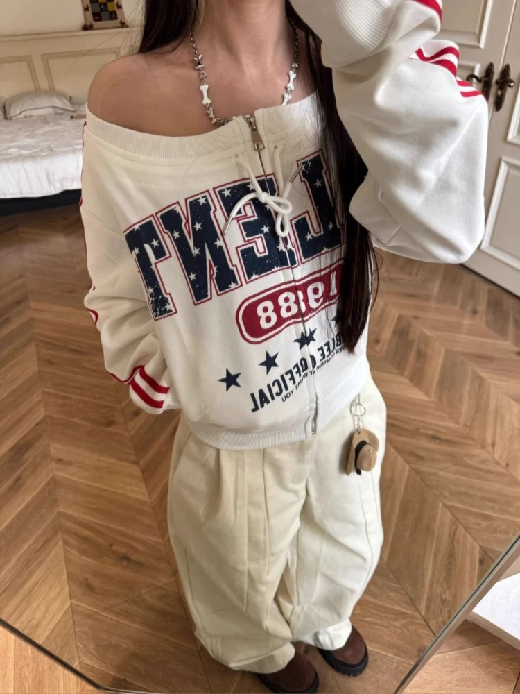 E-girl um ombro y2k recortado zíper cardigan estilo americano vinatge magro topo feminino monograma listrado webbing moletom 2000s