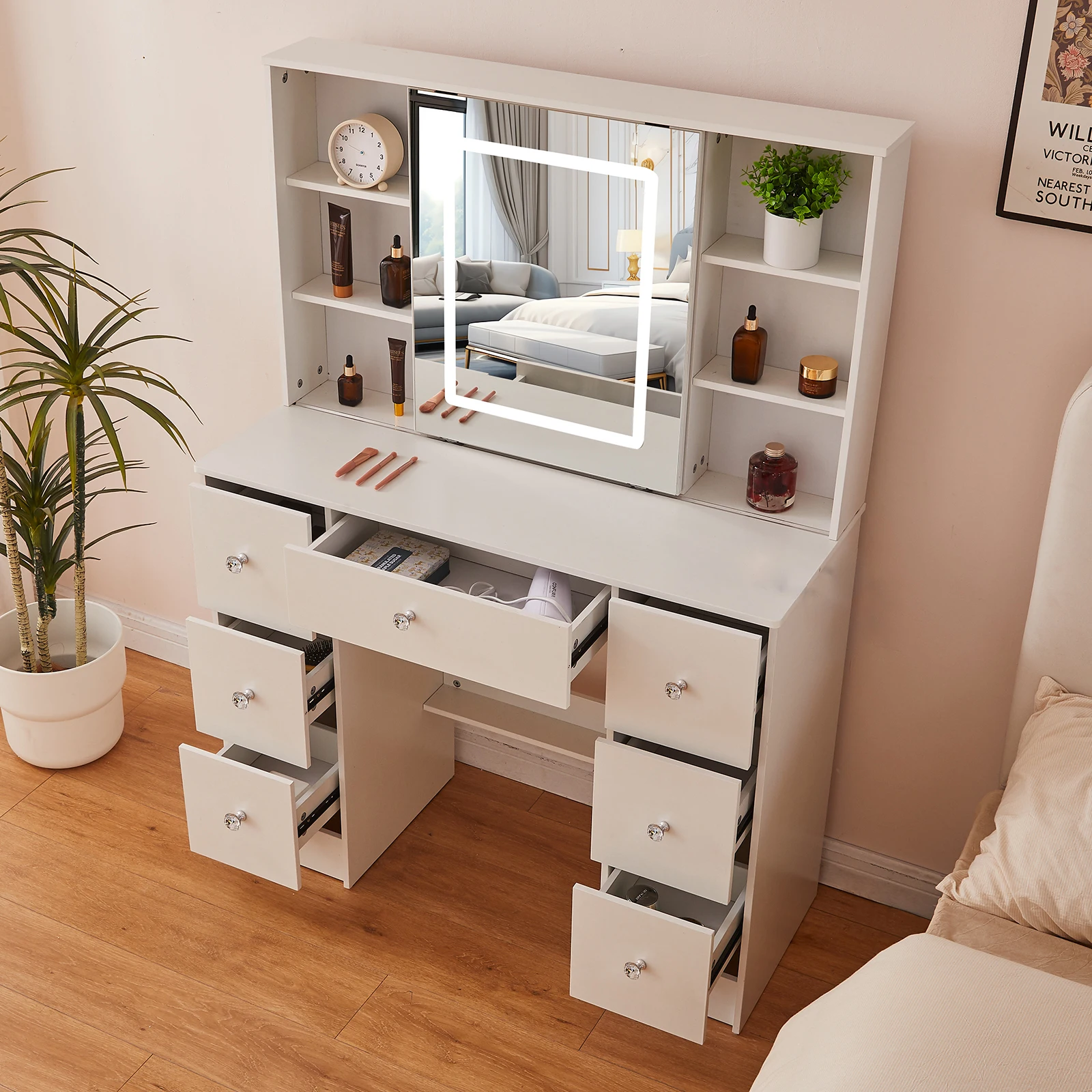 طاولة تزيين فانيتي مع مجموعة طاولة مكياج بمرآة هوليوود LED و7 أدراج #3
