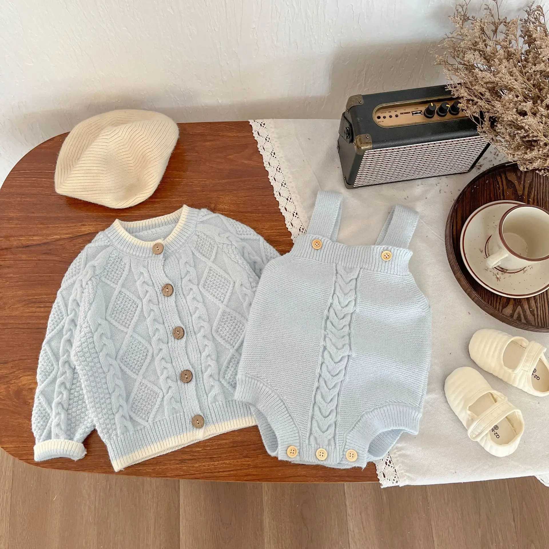 2024 Spring Autumn Fashion Newborn Twist Sweater Suit Boy Girl Baby Knitted Cardigan Long Sleeve Tops + Suspenders Bodysuit 2pcs