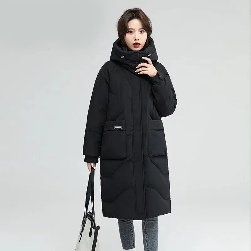 Thickened Down Cotton Jacket Women\'s Loose Long Knee Length Winter New Coat Trend Parkas