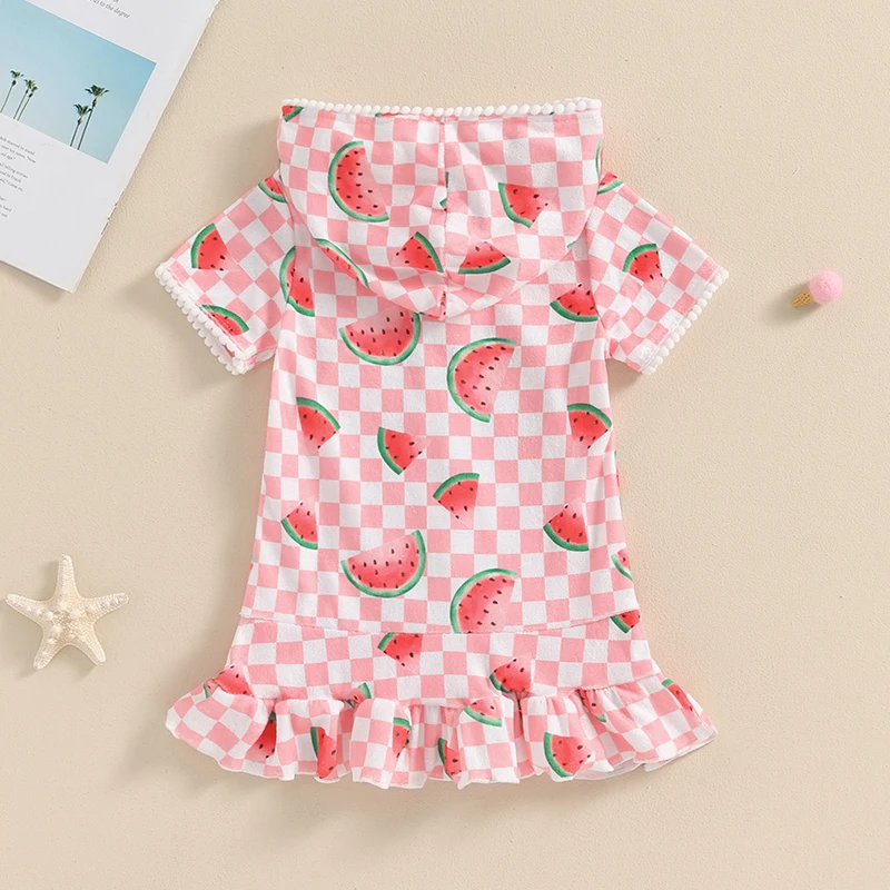 Tregren 1-8Y Kid Girl Beach Dress Short Sleeve Hooded Zipper Watermelon Flamingo Ice Cream Print Cover-ups Summer Dress Swimwear