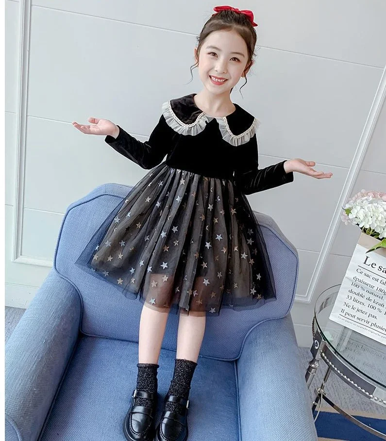 Girl Dress Autumn New Flip Collar Velvet Mesh Gauze Splicing Simple Children Clothing Princess Turn Down Collar 2024