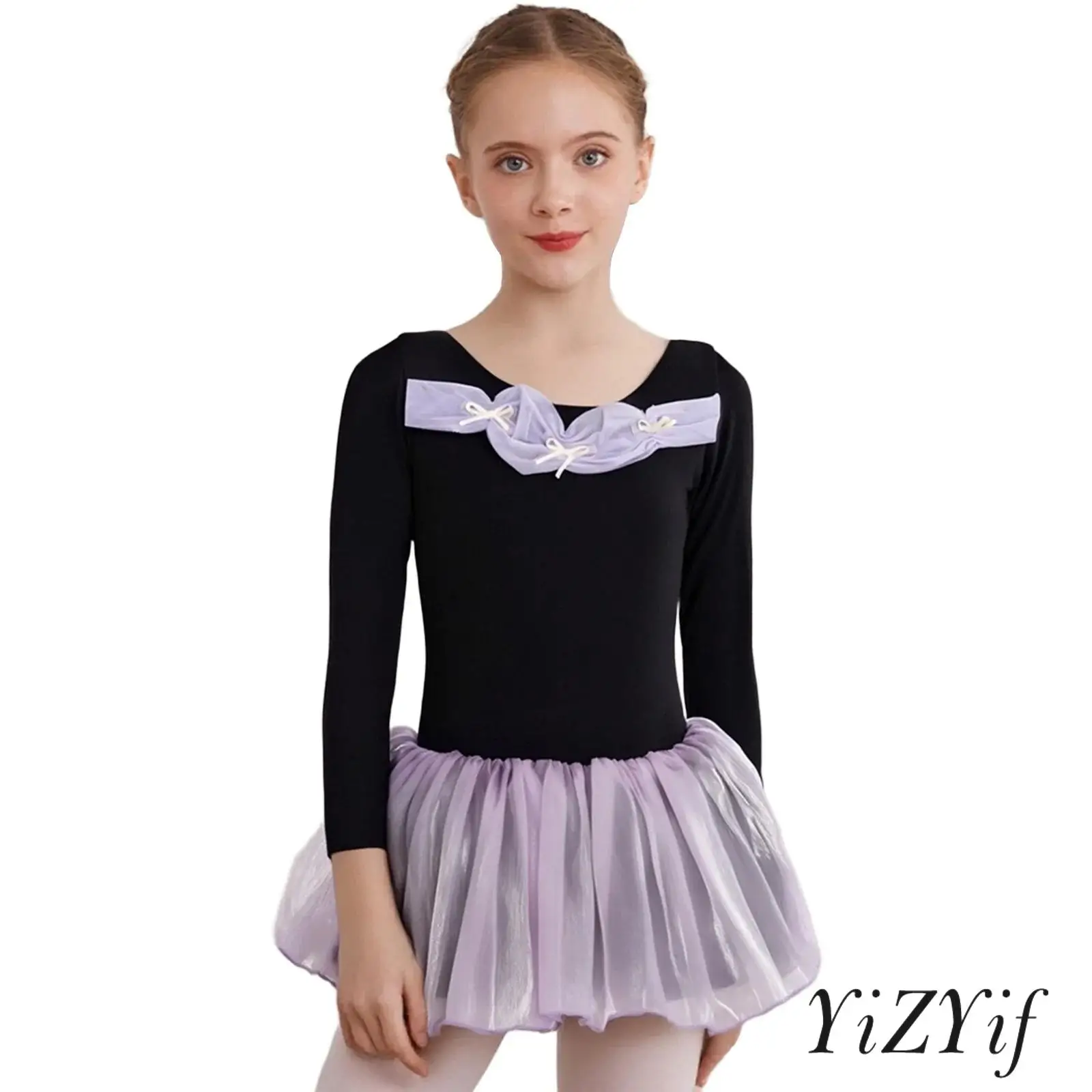 

Kids Girls Cute Bowknots Ruched Gymnastics Ballet Dresses Long Sleeve Tulle Tutu Dance Dress for Stage Performance Competition