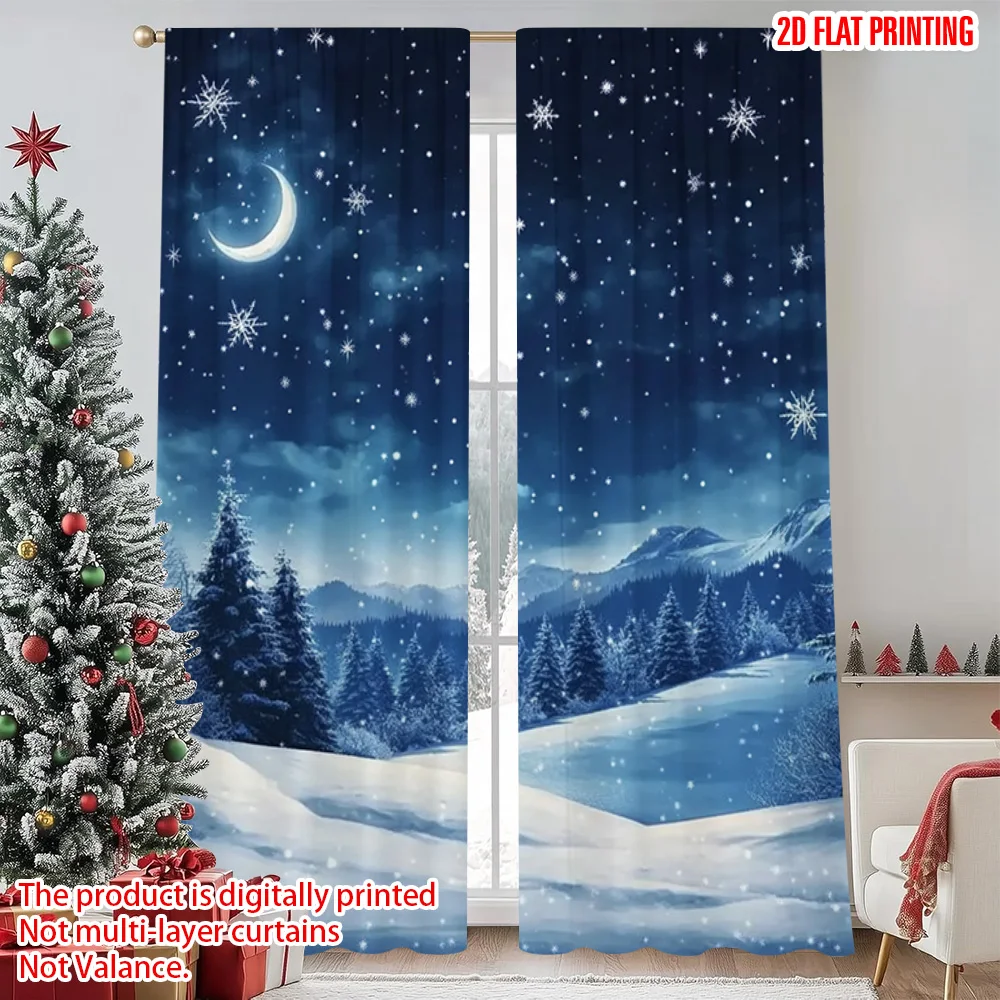 

2pcs 2D flat printing Merry Christmas Curtains Winter Night Snowflake Versatile Durable Polyester Without Electricity Festive