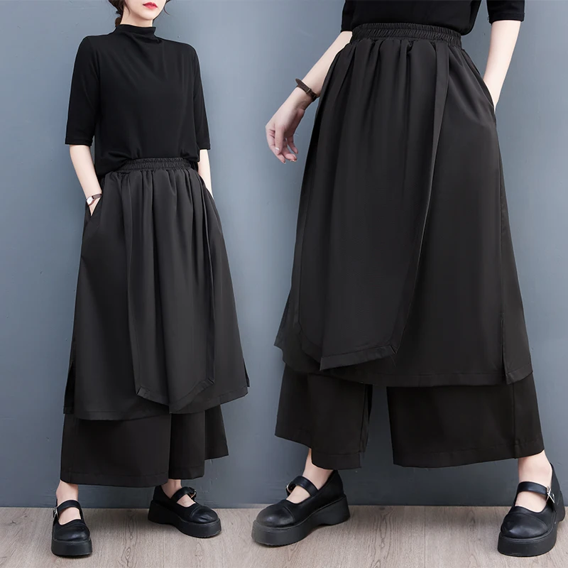 Spring Summer New Style Dark High Waist Wide Leg Pants Skirt Polyester Cotton Mixed Asymmetrical Nine Points Casual Trousers