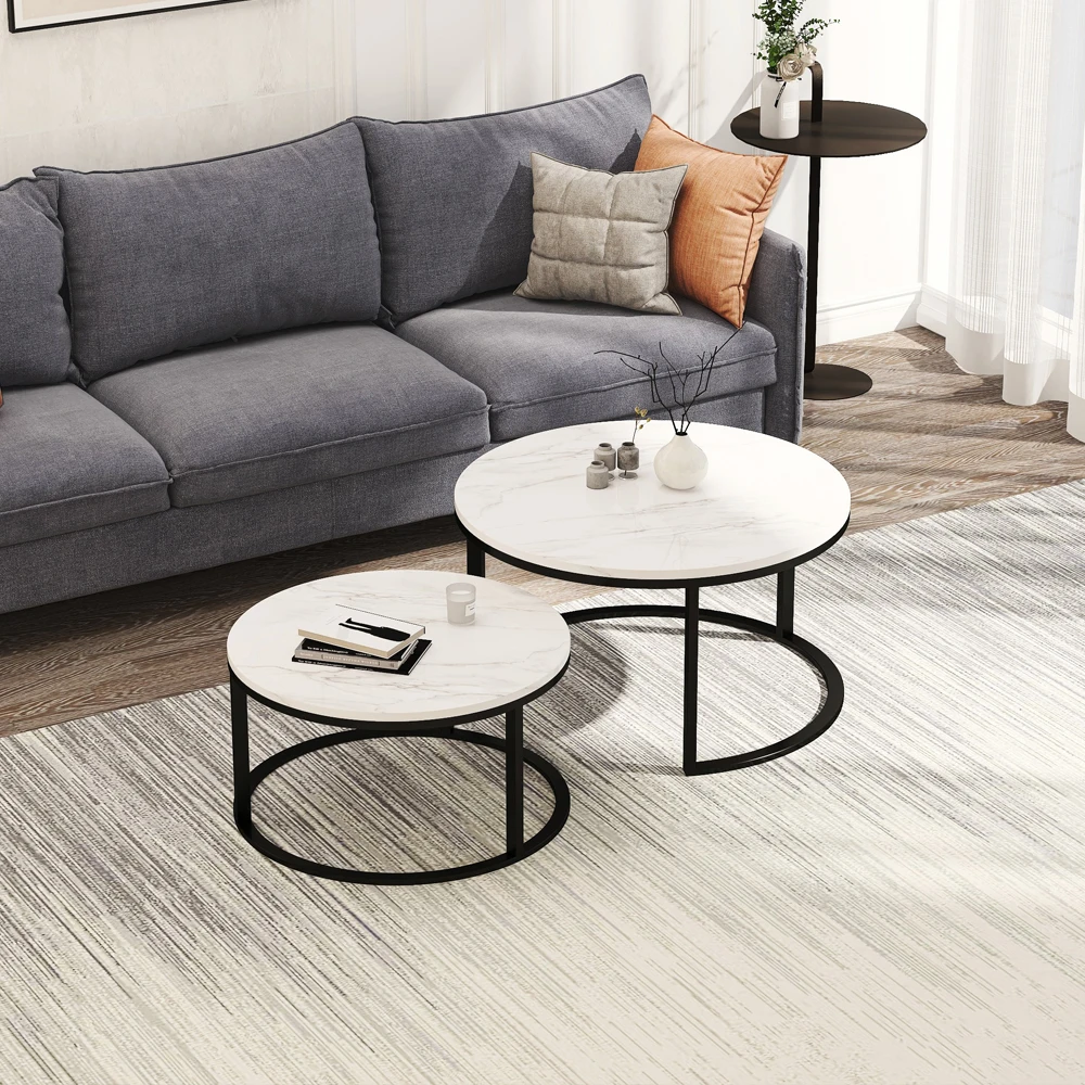 Modern Nesting coffee table,Black metal frame with marble color top-80cm