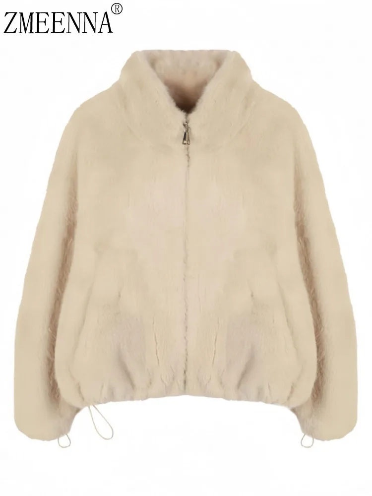 سترة نسائية قصيرة من الفرو الصناعي من ZMEENNA معطف منفوش بياقة عالية وياقة ثابتة وسحّاب كامل وحاشية برباط ملابس خارجية شتوية دافئة ZM4455 #1