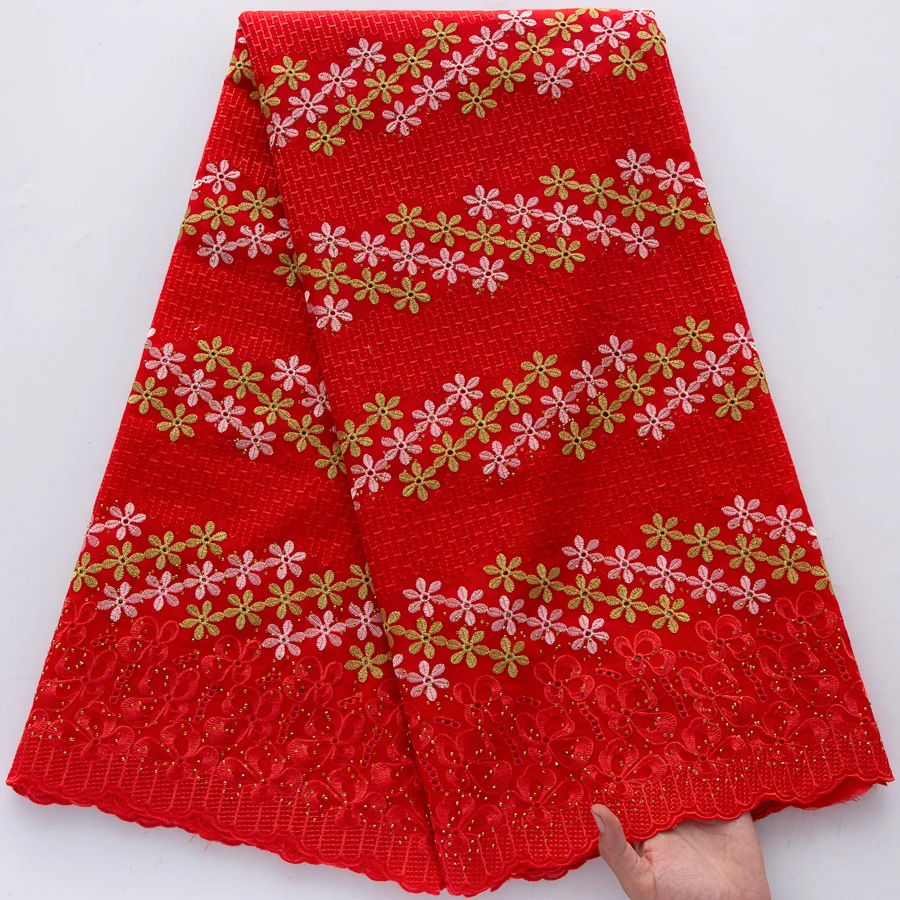 Red African Swiss Voile Cotton Dry Lace Fabric 5Yards Multicolor Flower Embroidery Eyelet Scalloped Lace For Party Wedding Dress