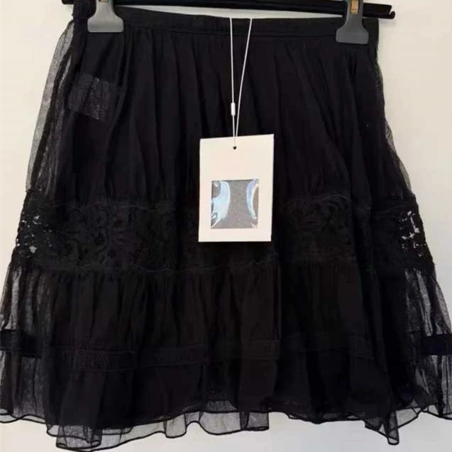 

Autumn and winter new logo embroidery double-layer transparent high waisted lace cake A-line skirt