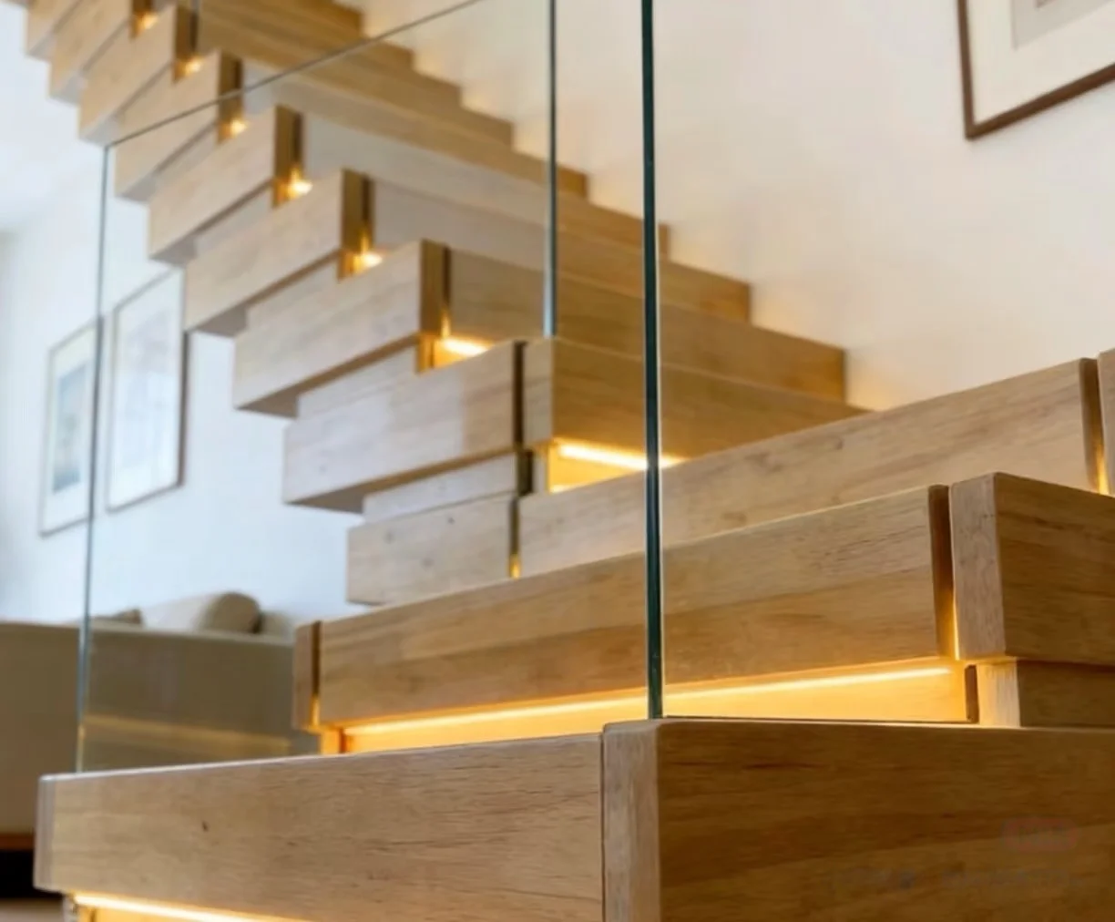 Solid Wood Stackable Staircase Step Lights Natural Oak Finish Recessed LED Glass Railing Customizable Indoor Villa Modern Homes view 2