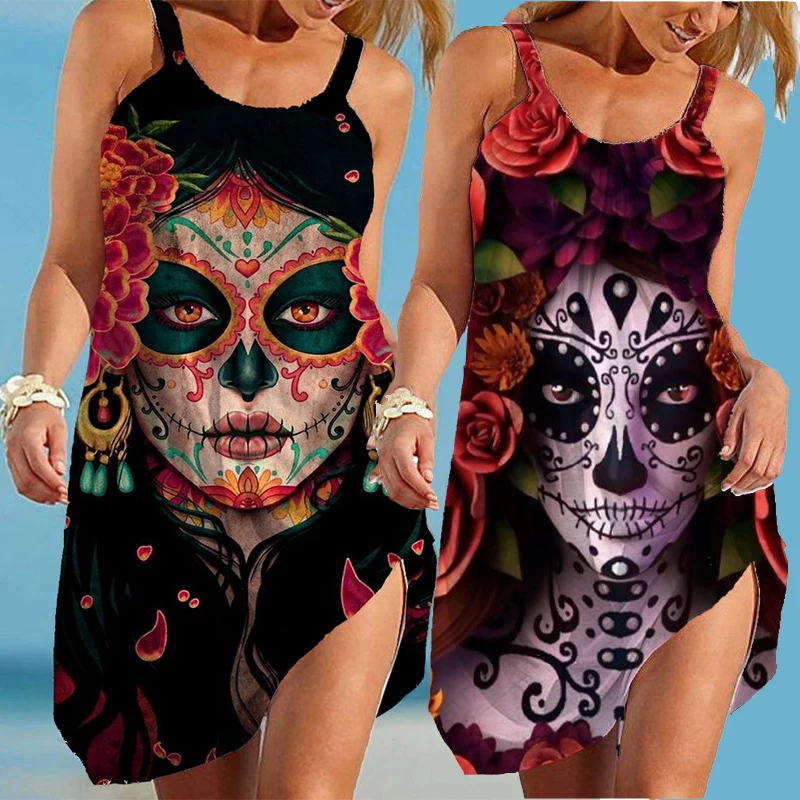 Gotycki Horror czaszka duch halloween Vestido 3D wydrukowane na czarno sukienki plażowe bez rękawów damskie Camisole Costum Y2K hawajskie