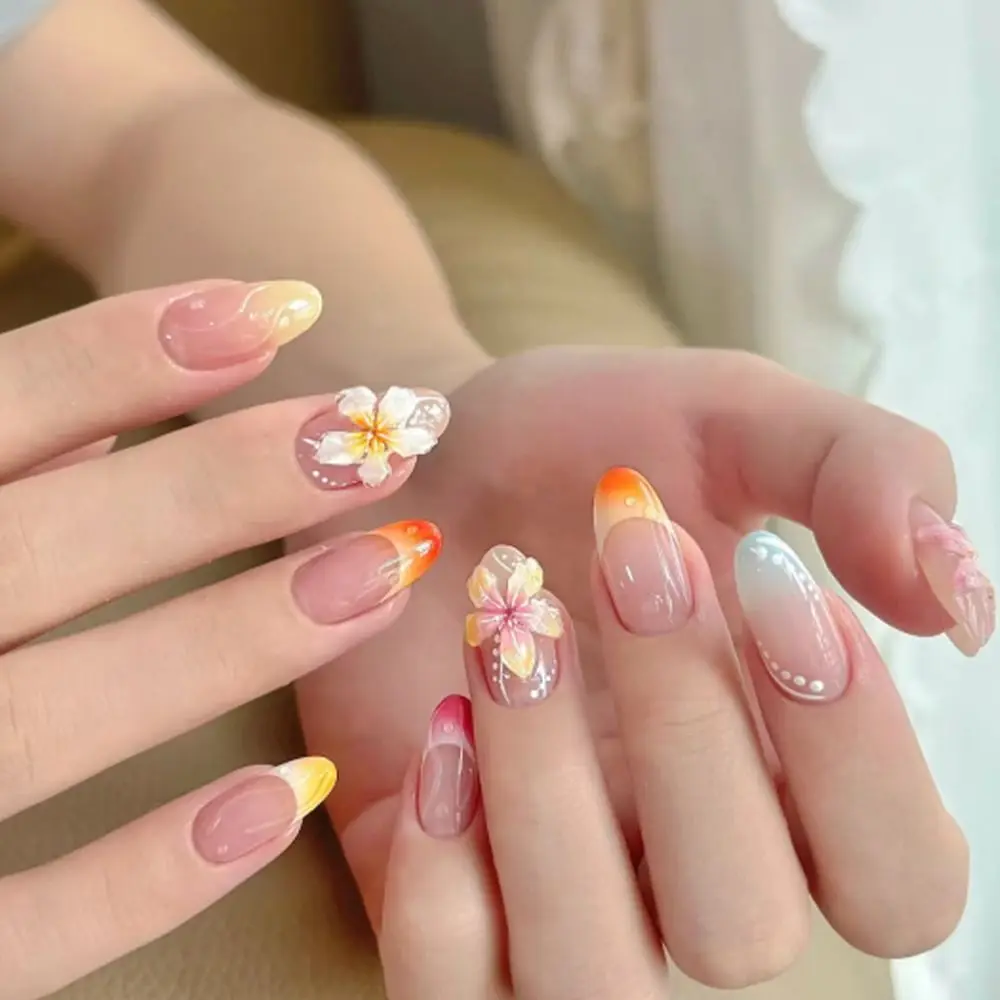 

Manicure Long Almond False Nails French Aurora Fake Nails Detachable Flowers Press on Nails DIY