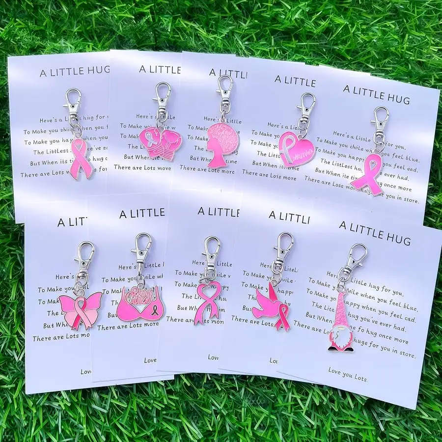 1/5/10/20/50/100pcs 10-Piece Set of Pink Ribbons - Pink Dove, Butterfly, Heart-Shaped Keychain - Pocket Hug - Heart Charity Prom