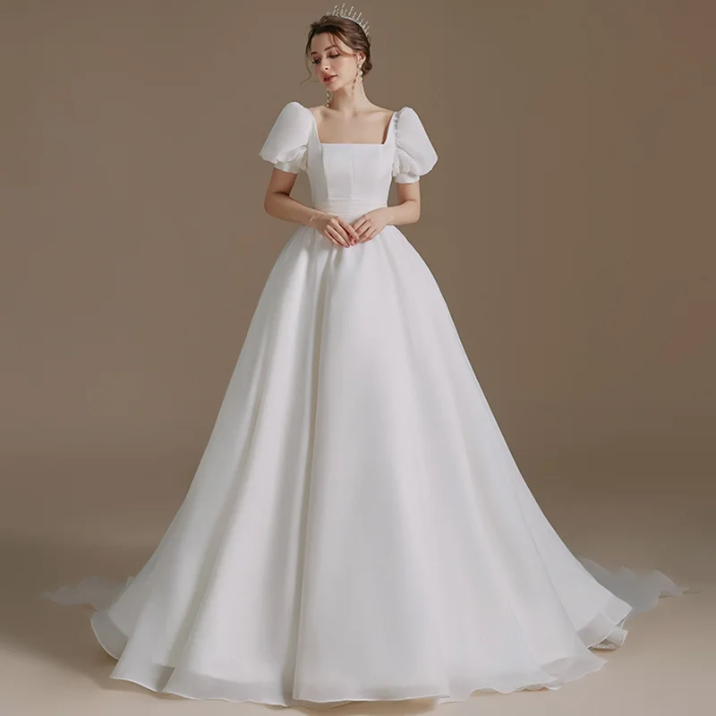 Klassieke Verrassingsprijs Trouwjurk Voor Bruid 2024 Baljurk Met Vierkante Kraag Pofmouwen Vetervestidos Novias Qd06101