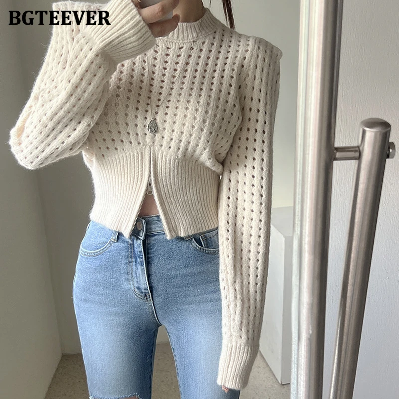 

BGTEEVER Chic Elegant Slim Women Zipper Knitted Pullovers O-neck Long Sleeve Female Skinny Hollow Out Sweaters Autumn Winter