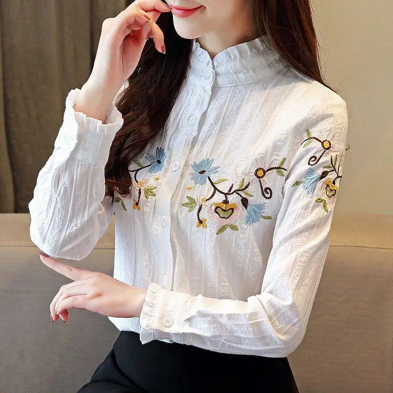 

Cotton 100% Embroidery White Women Shirts Summer Vintage 2024 Ruffles Collar Long-Sleeved Slim Office Lady Elegant Outwear Coats