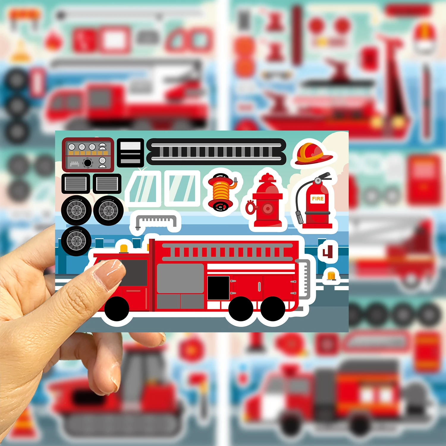 8/16/24 pçs veículos de resgate de combate a incêndio diy quebra-cabeça adesivo veículo engraçado dos desenhos animados montar adesivos brinquedos para meninos meninas presentes