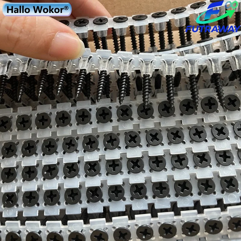 Plastic Strip Chain Collated Carbon Steel Class 10 Fine Thread Drywall Screws Black Phosphate Coated Bugle Head for Gypsum Board