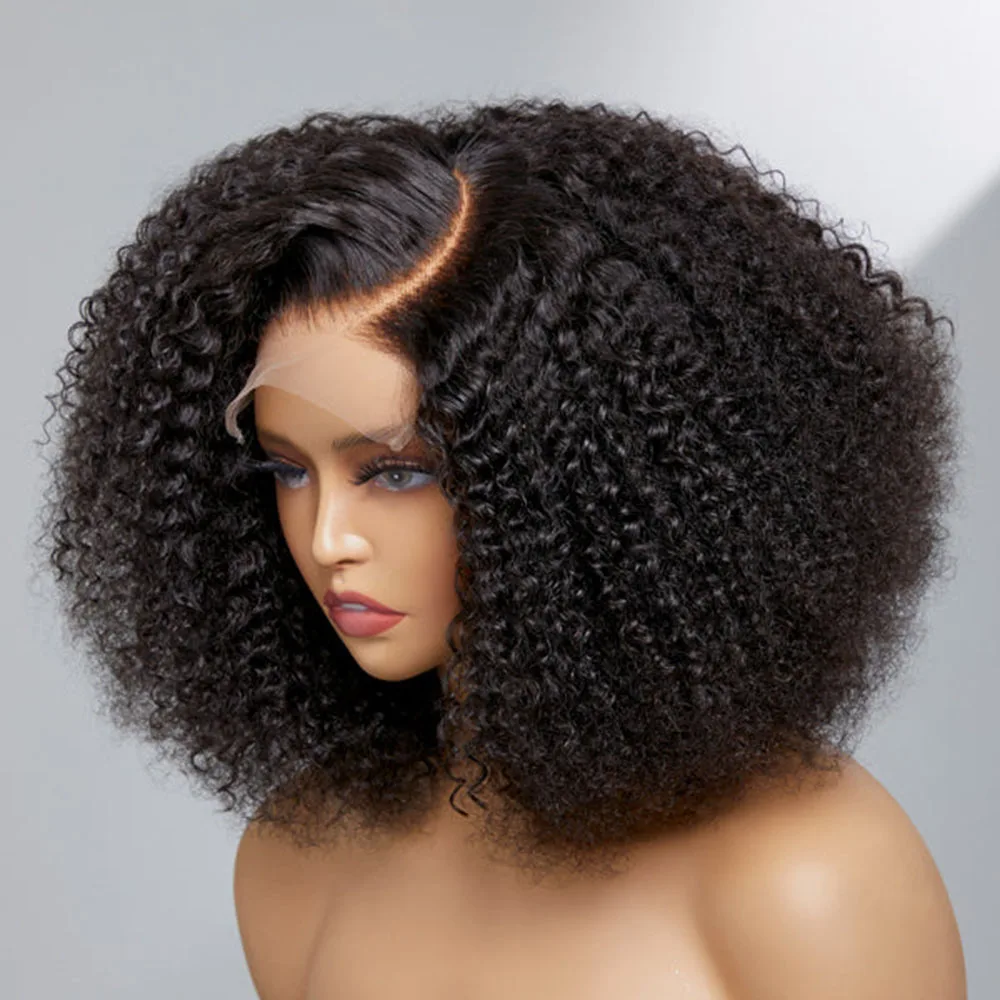 Perruque Bob Lace Front Wig crépue bouclée sans colle 14 pouces, perruque courte noire naturelle, densité 180%, cheveux de bébé, pre-plucked, pour femmes