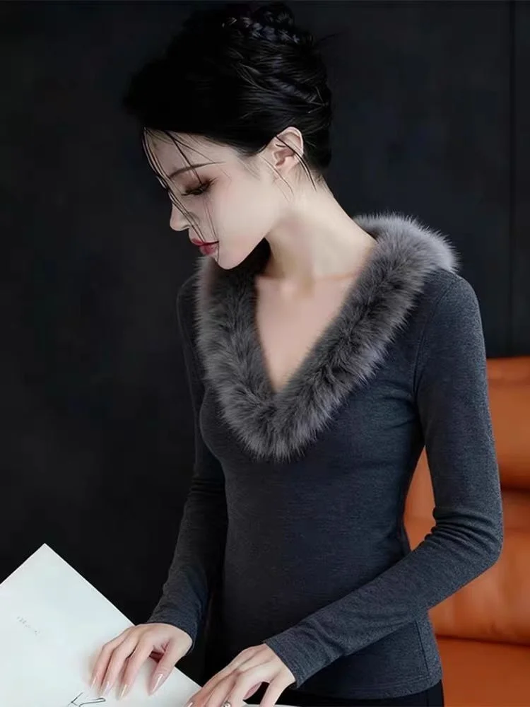 Retro americano ey peludo v-ne splice base irt roupa interior feminina outono inverno emagrecimento longo sve topo ci caminhada algodão