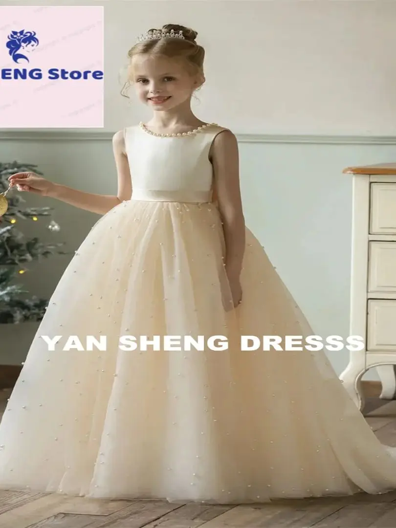 Robe de demoiselle d'honneur personnalisée pour mariage, perles, tulle gonflé avec nœud, robe de Rhgonflée pour enfants, fête d'anniversaire, première communion