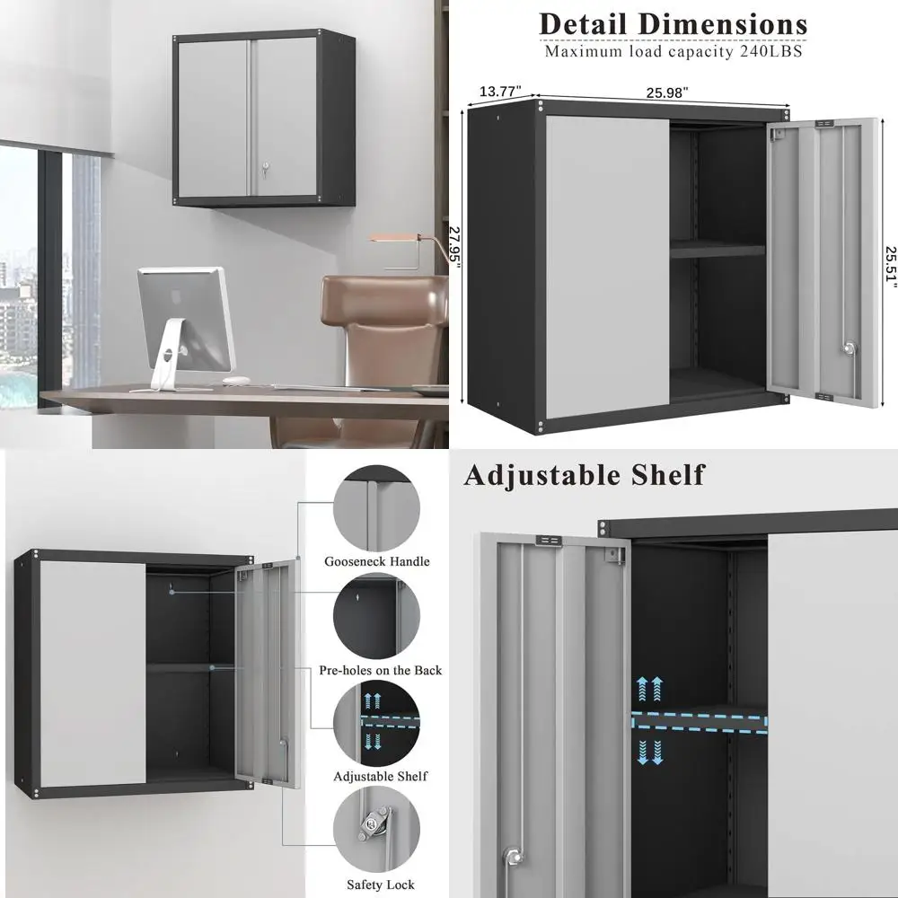 

28 Wall-Mounted Metal Storage Cabinet with Locking Door and Shelves, Ideal for Garage, Office, Kitchen, or Pantry