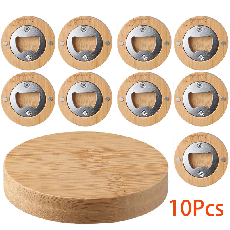 

10Pcs Bamboo Round Bottle Opener Bamboo Beer Openers Coaster Fridge Magnet Decoration Beer Bottle Opener