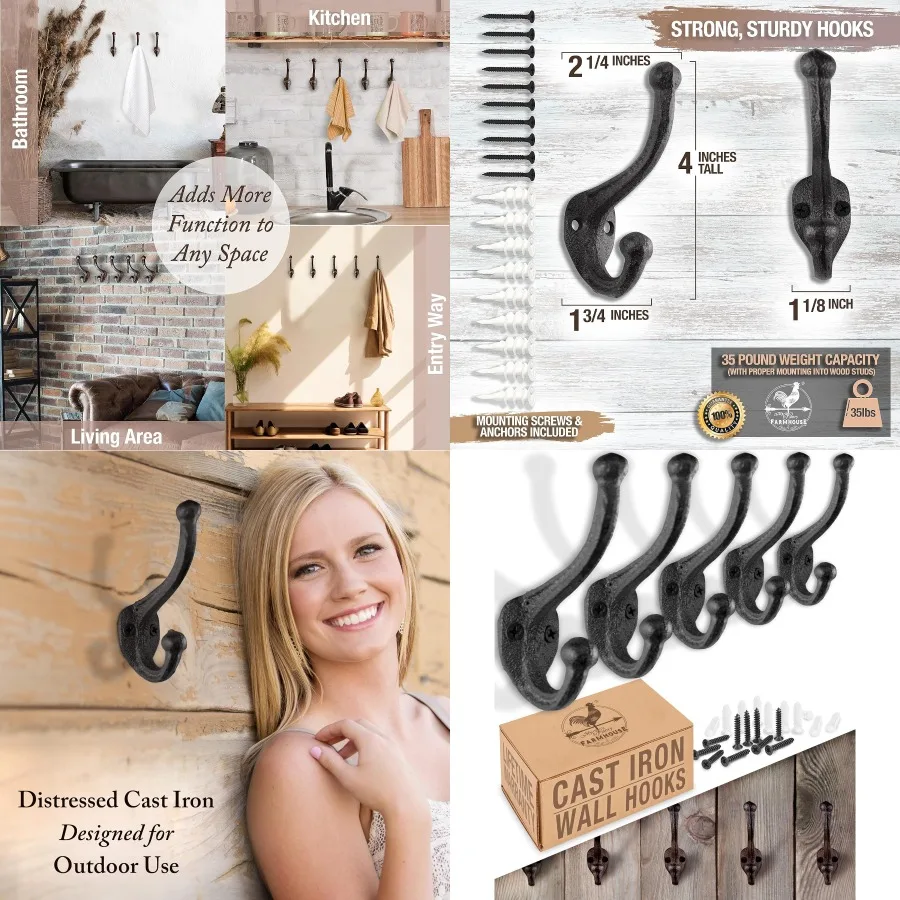 

Rustic Cast Iron Coat Hooks 5 Pack Wall Mounted Farmhouse Decorative Wall Hooks Vintage Style for Hanging Coats Bags Hats Towel