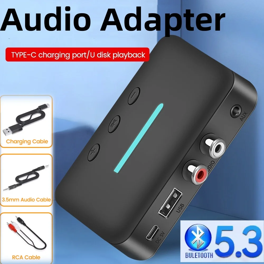 

Bluetooth 5.3 Wireless Audio Receiver Stereo Music Adapter Type-c Charging RCA 3.5mm AUX Jack For Desktop Speaker Car Speaker