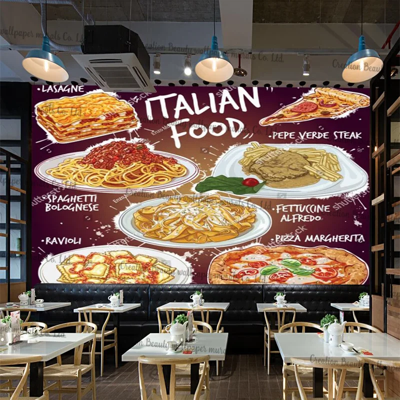 Pintados à mão comida italiana restaurante decoração industrial personalizado mural papel de parede pizza margherita e ravioli comida rápida