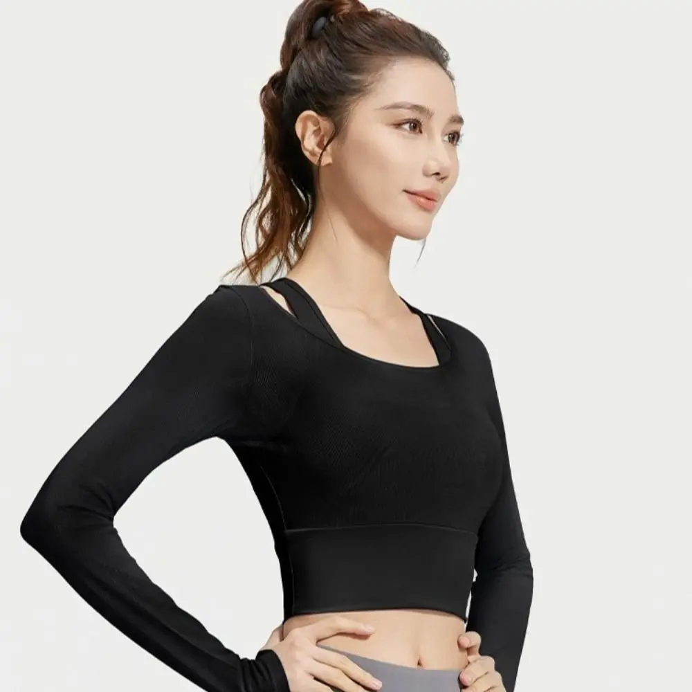 

Женский спортивный топ для фитнеса и йоги с длинным рукавом, встроенными чашечками, утягивающим эффектом, дышащий, с круглым вырезом, пуловер