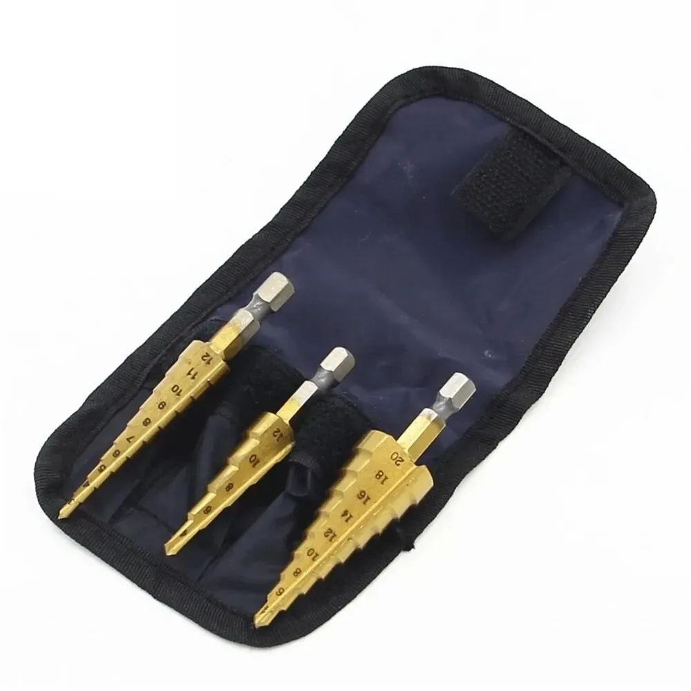 Titanium Coated Step Drill Bit High Speed Steel Metal Wood Hole Cutter Cone Drilling Tool 3-12/4-12/4-20mm Small Three Piece Set