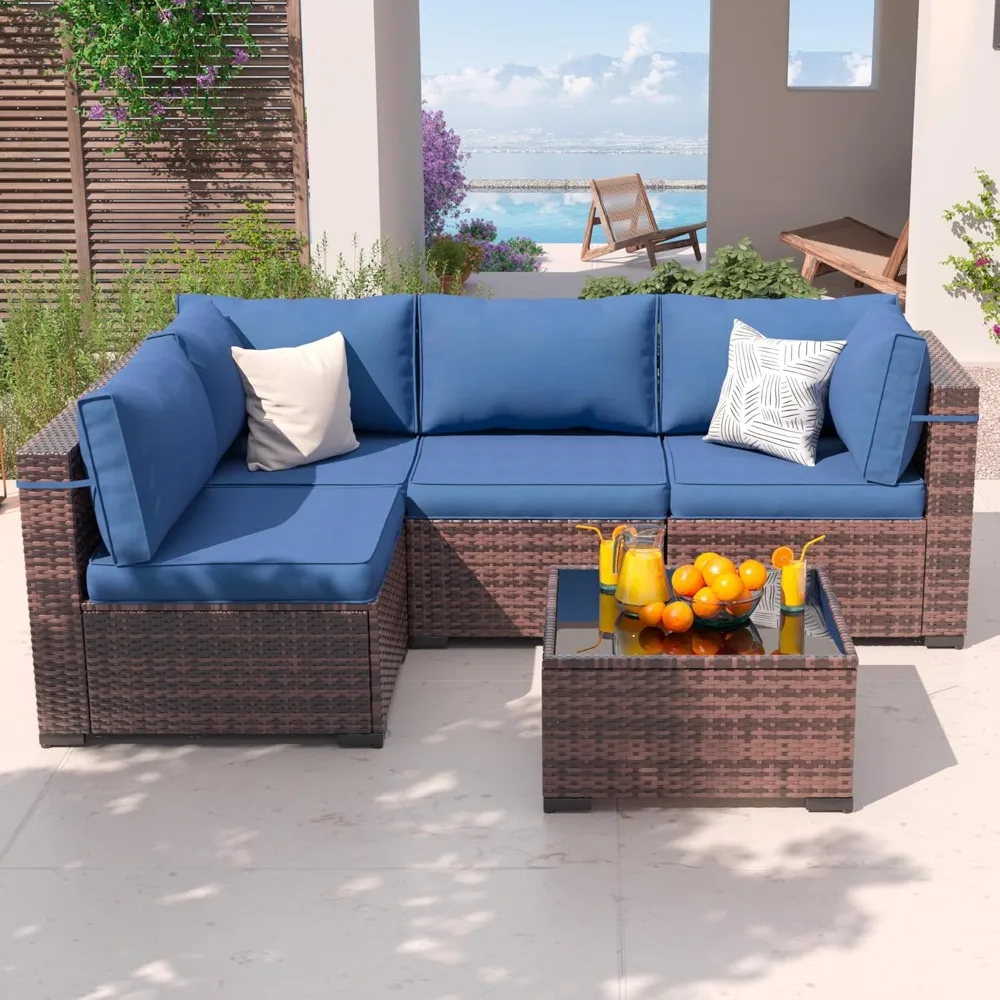 

5 Piece Outdoor Patio Furniture Set, Rattan Conversation Sectional Sets for Porch Deck, Thickened Navy Cushions for Porch