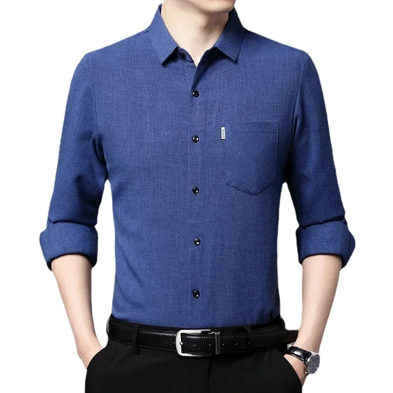 Men's long sleeved solid color loose fitting men's clothing Chinese style spring and autumn thin men's casual pocket shirt