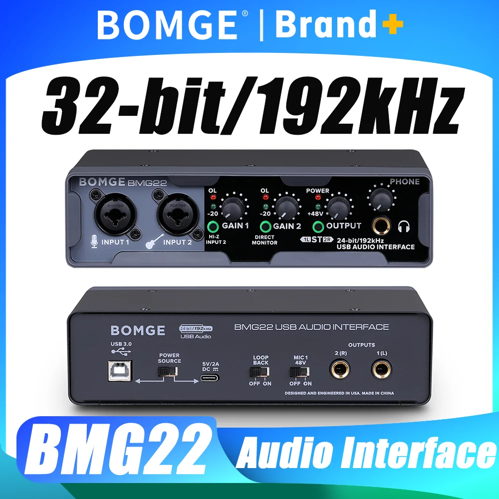 

BOMGE USB Audio Interface 32 bit/192 kHz with XLR Phantom Power Direct Monitoring Loopback for PC Recording Streaming Guitarist