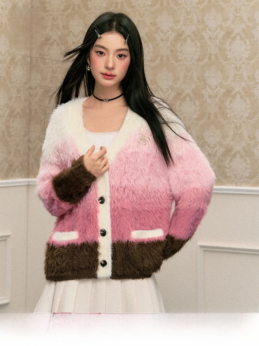 

SereneEase adient Fur Simulation Long Sve Open Cardigan Women's Premium Button Design Knitted Outerwear V-ne