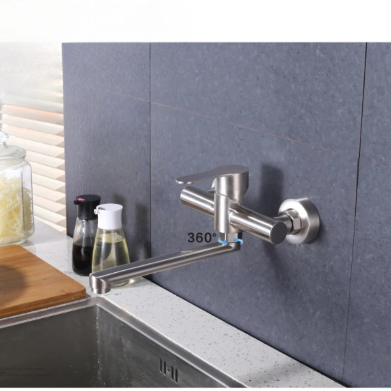 360°Wall Rotation Faucet Stainless Steel Kitchen Faucet Wall Mounted Single Hand Mixer Faucet